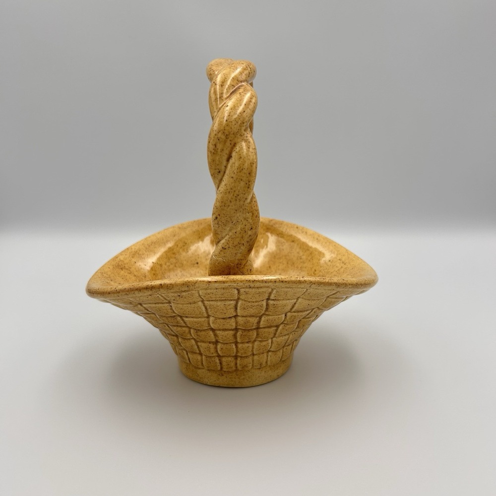 Vintage Shabby Chic Yellow Ceramic Basket Twisted Handle Handmade Cottagecore